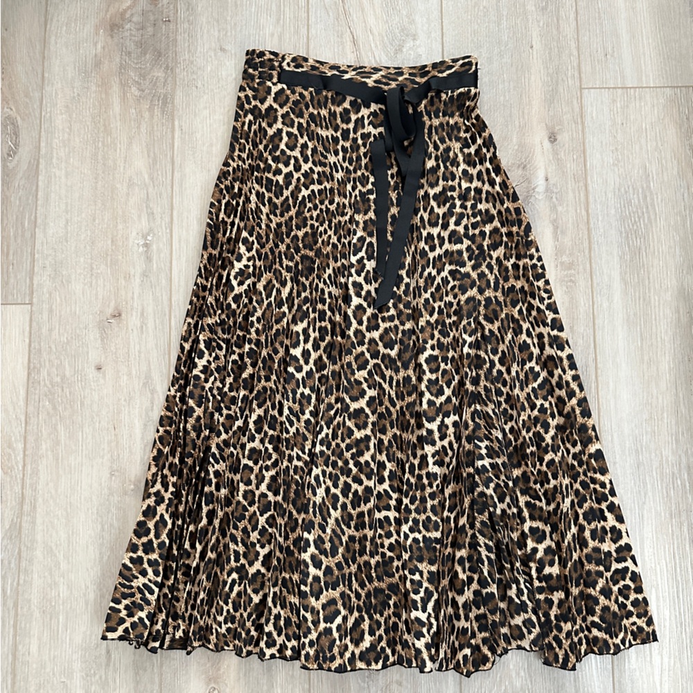 Zara Leopard Print Pleated Midi Skirt with Slit